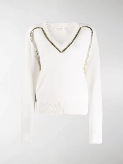 Shop Chloé Embellished Knitted Jumper In White