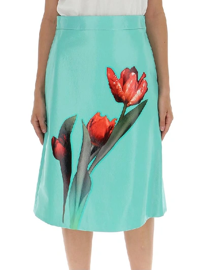 Shop Prada Floral Print A Line High Waist Skirt In Blue