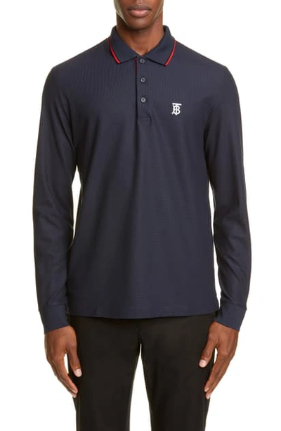 Shop Burberry Embroidered Monogram Long Sleeve Pique Polo In Blue