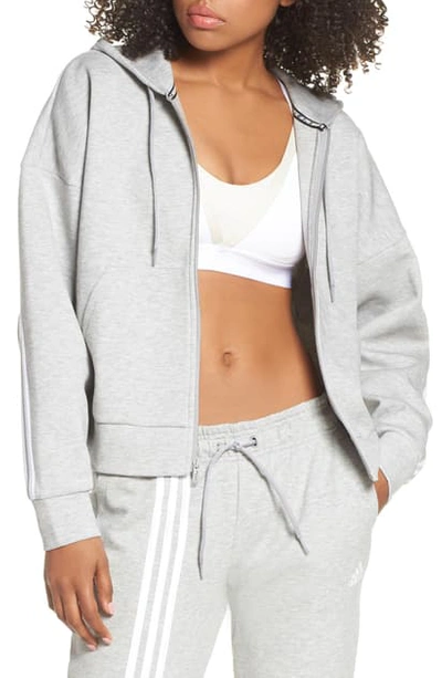 Shop Adidas Originals Must Haves 3-stripes Zip Hoodie In Medium Grey Heather/ White