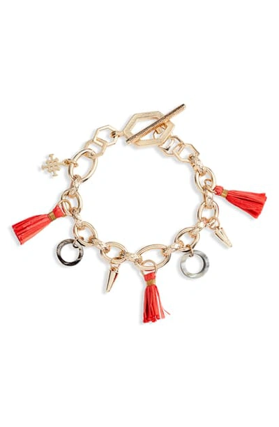 Shop Akola Raffia Tassel & Horn Charm Bracelet In Red