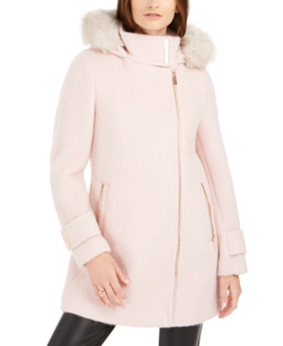 Shop Calvin Klein Faux-fur-trim Hooded Asymmetrical Coat In Pink Boucle