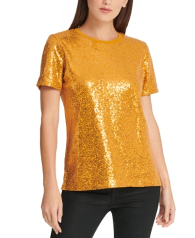 Shop Dkny Foundation Sequin Crewneck Top In Saffron