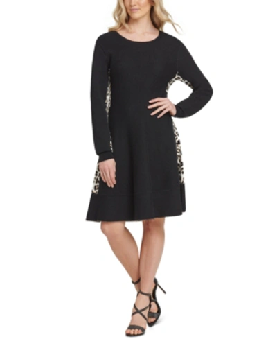 Shop Dkny Leopard Print-trimmed Sweater Dress In Black