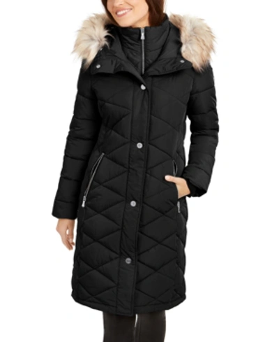 Shop Calvin Klein Petite Quilted Faux-fur-trim Hooded Puffer Coat In Black