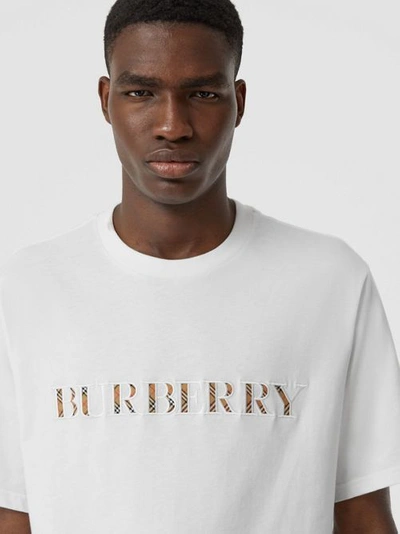 Burberry Embroidered Check Logo Cotton T-shirt In White | ModeSens