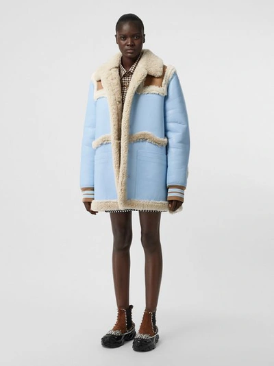 Shop Burberry Two-tone Leather And Shearling Coat In Baby Blue