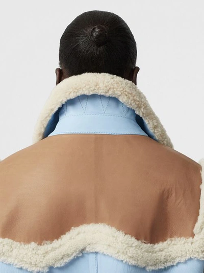 Shop Burberry Two-tone Leather And Shearling Coat In Baby Blue