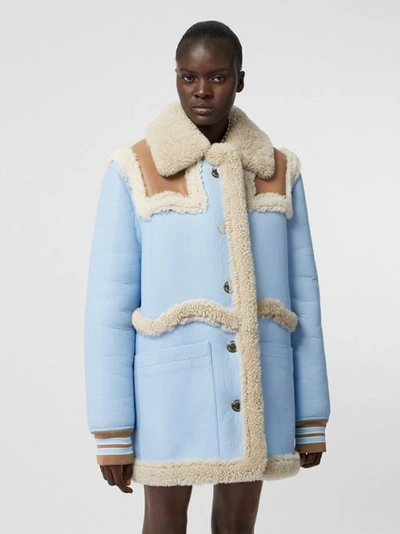 Burberry Two-tone Leather And Shearling Coat In Baby Blue | ModeSens