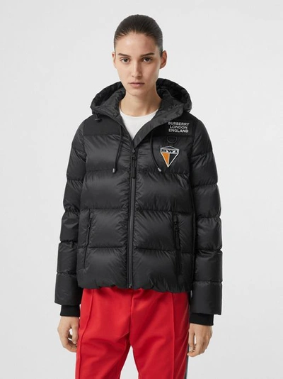 Shop Burberry Logo Graphic Hooded Puffer Jacket In Black