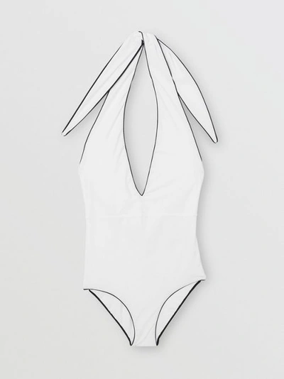 Shop Burberry Piping Detail Halterneck Swimsuit In Off White