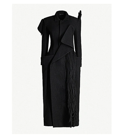 Shop Yohji Yamamoto Fringed Asymmetric Wool Coat In Black