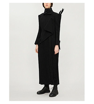 Shop Yohji Yamamoto Fringed Asymmetric Wool Coat In Black