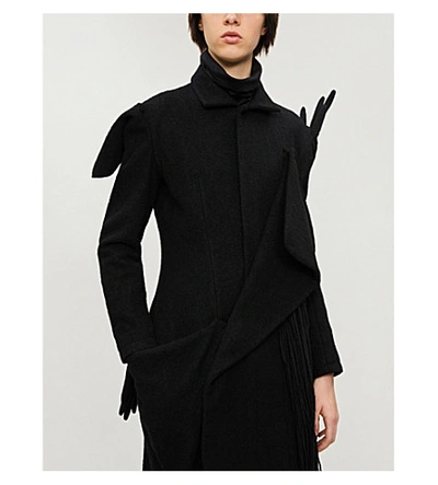 Shop Yohji Yamamoto Fringed Asymmetric Wool Coat In Black