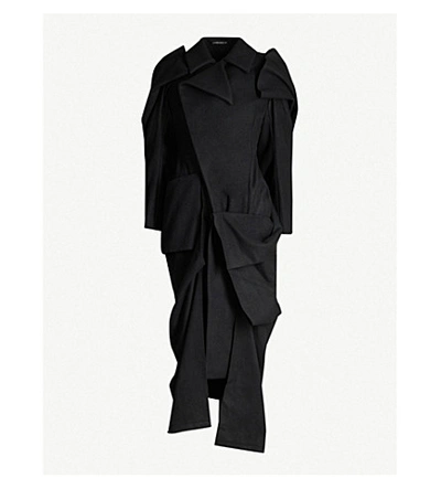 Shop Yohji Yamamoto Asymmetric-hem Wrap-over Wool Coat In Black