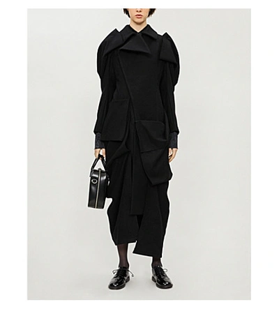 Shop Yohji Yamamoto Asymmetric-hem Wrap-over Wool Coat In Black