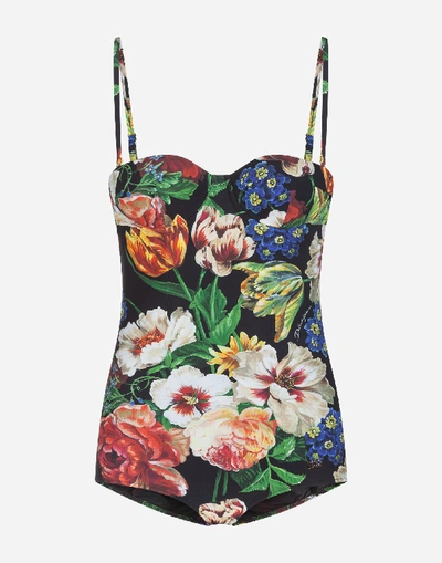 Shop Dolce & Gabbana Flower Bouquet Print One-piece Balcony Swimsuit In Floral Print