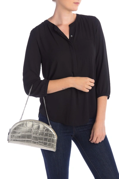 Shop Eric Javits Croc Embossed Leather Croissant Shoulder Bag In Silver