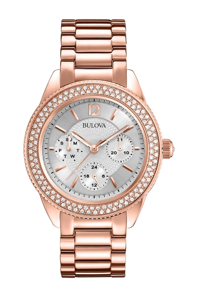 Shop Bulova Rosetone Crystal Bezel Bracelet Watch, 38mm In Gold-tone