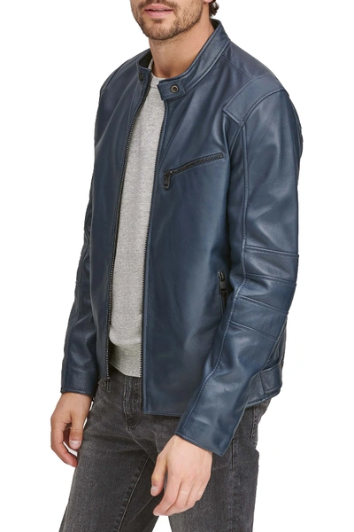 Shop Andrew Marc Weston Leather Moto Jacket In Navy