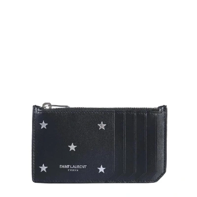 Shop Saint Laurent Logo Star Print Zipped Cardholder In Black