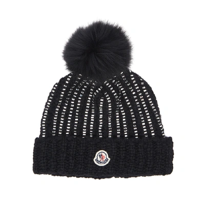 Shop Moncler Crystal-embellished Fur Pompom Beanie In Black