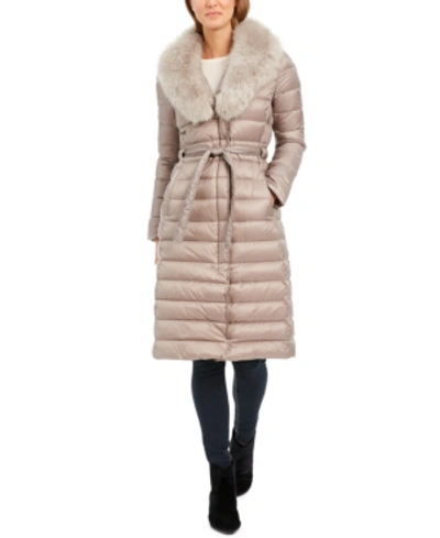 Shop Tahari Belted Faux-fur-collar Down Puffer Coat In Truffle