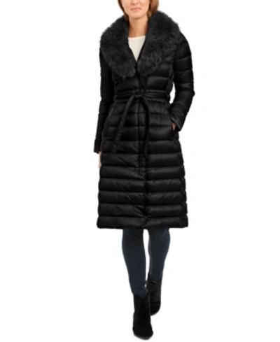 Shop Tahari Belted Faux-fur-collar Down Puffer Coat In Black