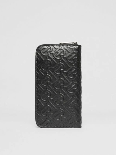 Shop Burberry Monogram Leather Ziparound Wallet In Black