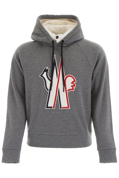 Shop Moncler Grenoble Embroidered Logo Hoodie In Grey