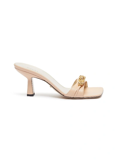 Shop Gucci Tiger Head Embellished Leather Sandals In Neutral