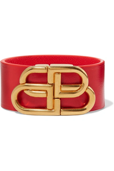 Shop Balenciaga Leather And Gold-tone Bracelet In Red