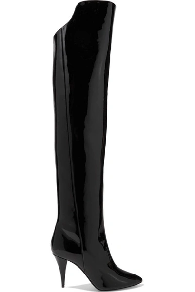 Shop Saint Laurent Kiki Patent-leather Over-the-knee Boots In Black
