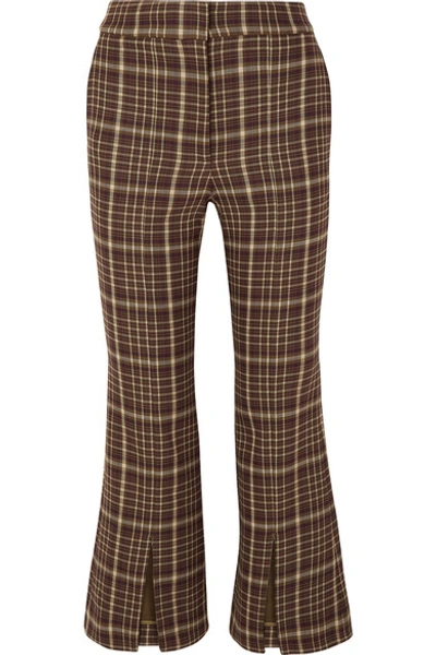 Shop Adam Lippes Cropped Checked Woven Flared Pants In Brown