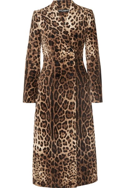 Shop Dolce & Gabbana Leopard-print Double-breasted Cotton-blend Velvet Coat In Brown
