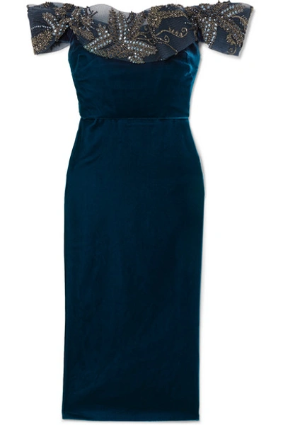 Shop Marchesa Off-the-shoulder Embellished Tulle And Velvet Midi Dress In Midnight Blue