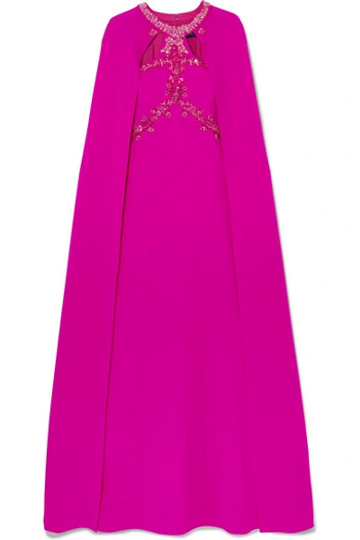 Shop Marchesa Notte Beaded Applique Cape-effect Crepe Gown In Fuchsia