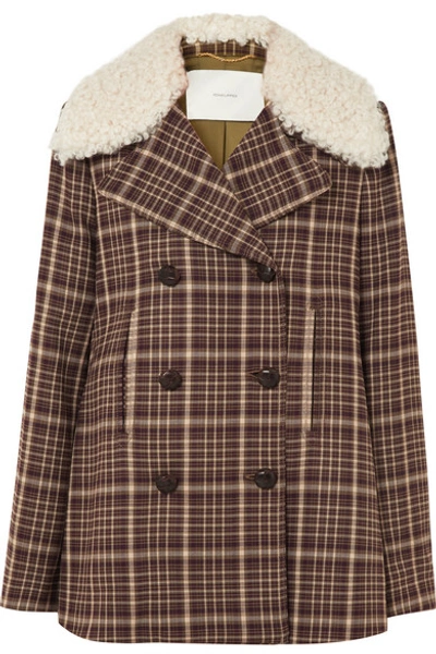 Shop Adam Lippes Shearling-trimmed Checked Woven Coat In Brown