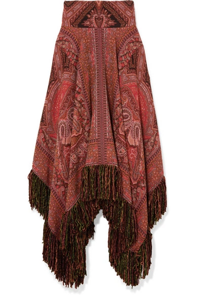 Shop Etro Fringed Asymmetric Wool-jacquard Midi Skirt In Red