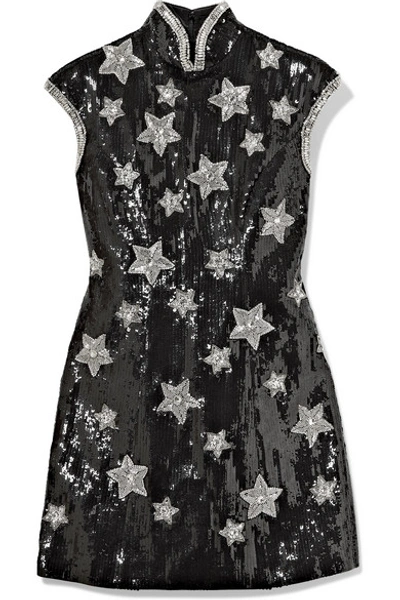 Shop Andrew Gn Embellished Sequined Silk-blend Georgette Mini Dress In Black
