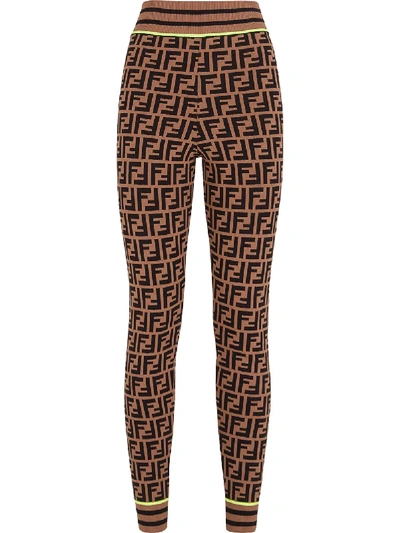 Shop Fendi Ff Logo Knit Leggings In Brown