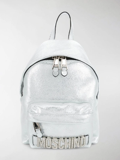 Shop Moschino Metallic Leather Backpack In Silver