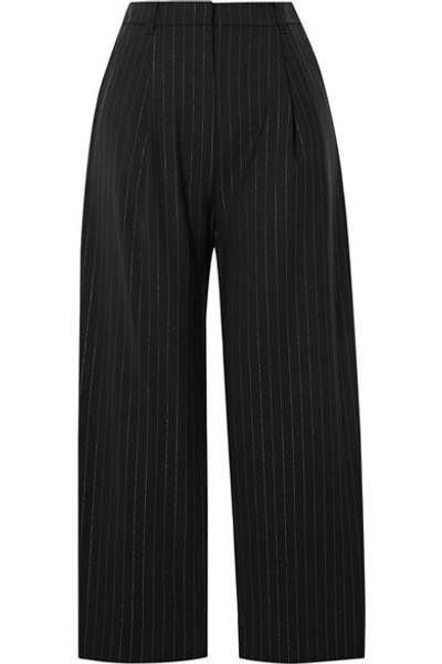 Shop Kenzo Cropped Metallic Pinstriped Wool-blend Straight-leg Pants In Black