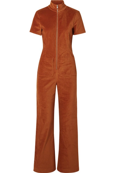 Shop Staud Ziggy Cotton-blend Velvet Jumpsuit In Orange