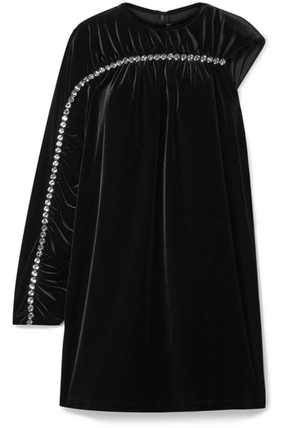 Shop Christopher Kane One-sleeve Crystal-embellished Velvet Mini Dress In Black