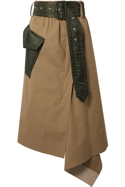 Shop Sacai Belted Shell-trimmed Draped Cotton-canvas Midi Skirt In Beige