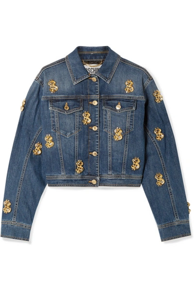 Shop Moschino Cropped Embellished Denim Jacket In Mid Denim