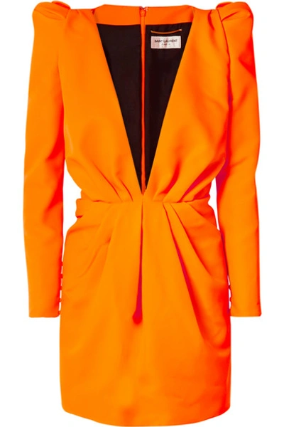 Shop Saint Laurent Gathered Neon Twill Mini Dress In Orange