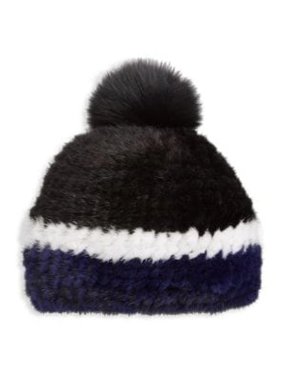 Shop Julia & Stella Knitted Mink Fur & Fox Fur Pom-pom Hat In Dark Blue White Black