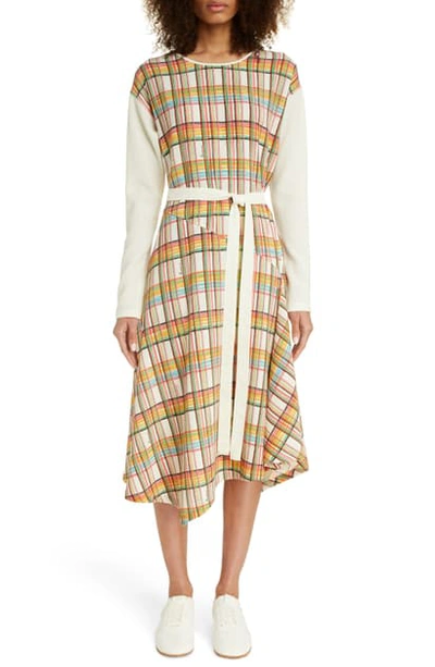 Shop Loewe Check Wool Long Sleeve Midi Dress In White/ Multicolor